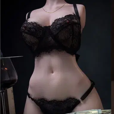 Evolova Tifa sexdoll standing in black lingerie, featuring anime-inspired curves, detailed body sculpting, and soft TPE skin for a lifelike feel.